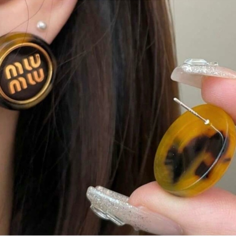 Miu Miu Tortoiseshell Yellow and Black Logo Button Earrings